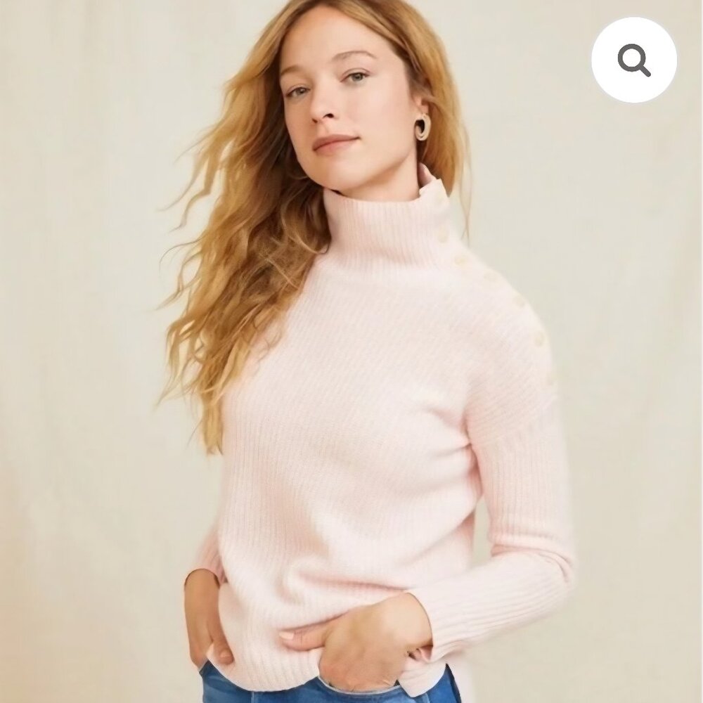 Garnet Hill Recycled-Cashmere Button Turtleneck Sweater in Blush